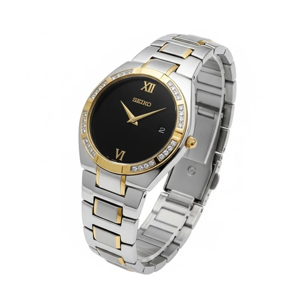 Seiko Two-Tone Silver and Gold Black Dial Watch